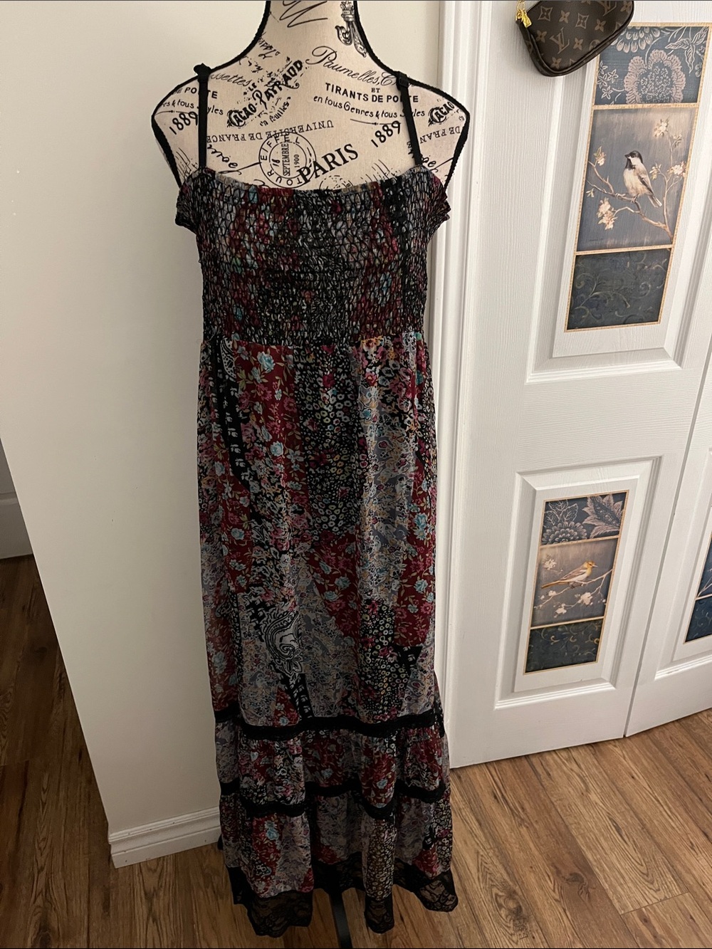 Black and Burgundy Floral Smocked Maxi Dress